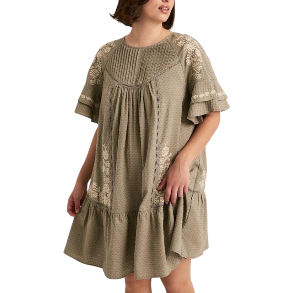 Torrid FESTI Vetiver Olive Green Embroidered Swiss Dot Babydoll Raglan Dress 2X